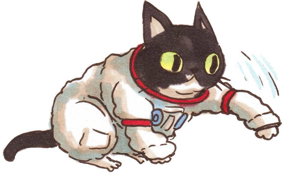 A drawing of a tuxedo cat in a spacesuit batting at something to the right