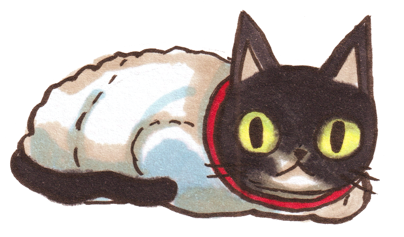 A drawing of a tuxedo cat forming a loaf