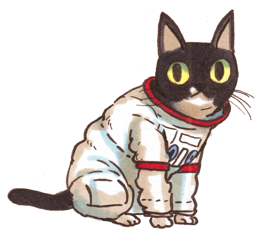 A drawing of a tuxedo cat in a space suit sitting and looking at the viewer